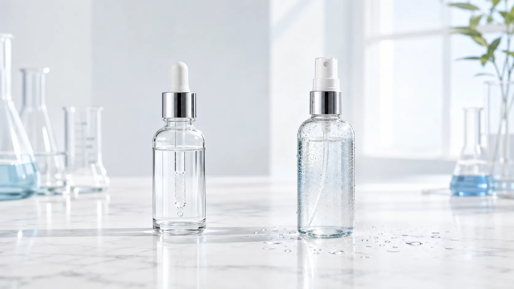 Azelaic acid serum and a hypochlorous acid mist side by side