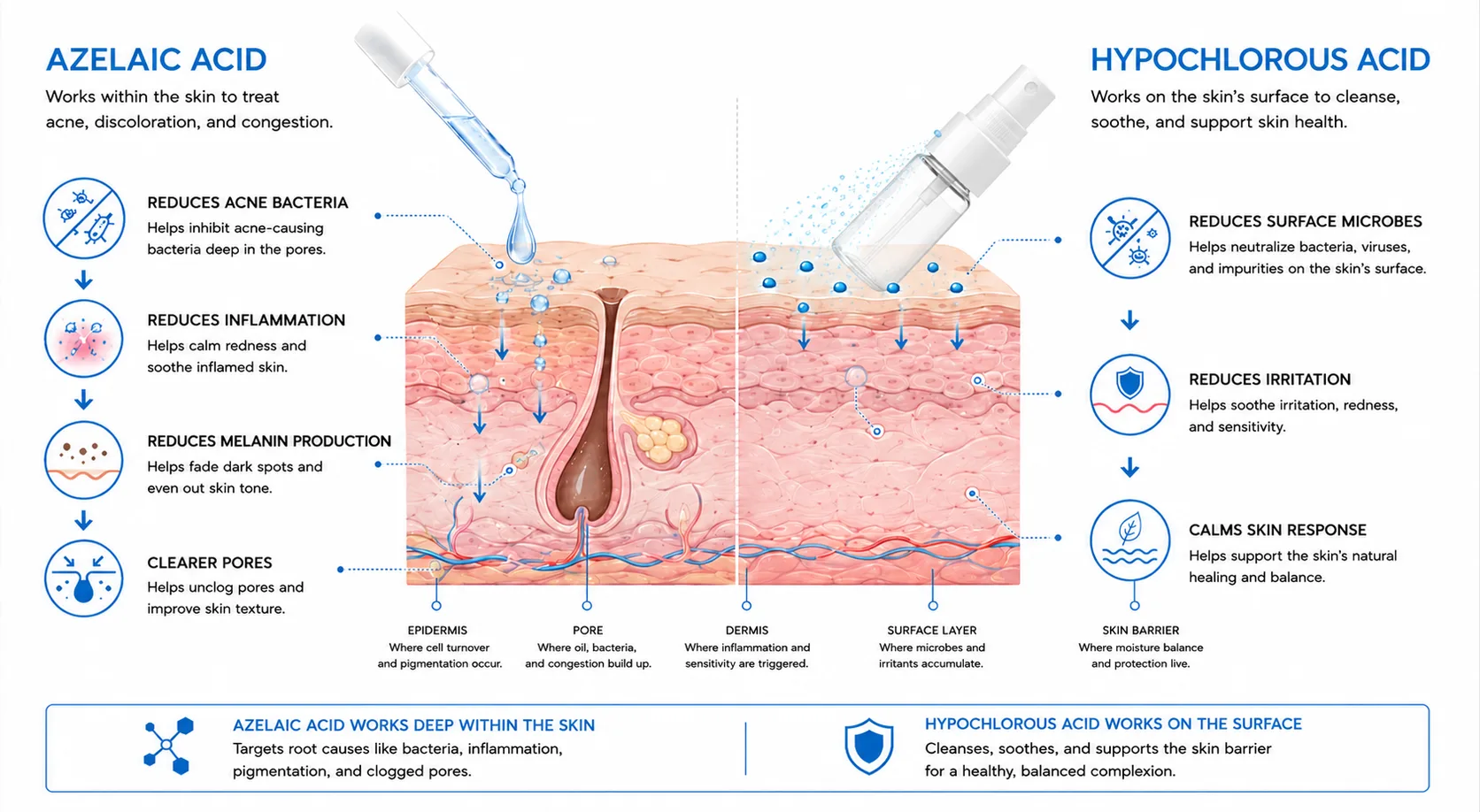 How each works in the skin: azelaic acid reduces acne bacteria, inflammation and melanin production and clears pores deep in the skin; hypochlorous acid reduces surface microbes and irritation and calms the skin response on the surface