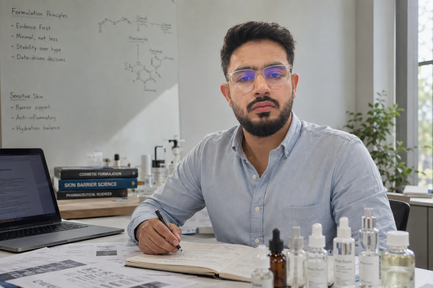 Mohammad Tahir, Founder of Solvoe, reviewing formulation notes at his research desk beside a whiteboard of formulation principles and skin science books