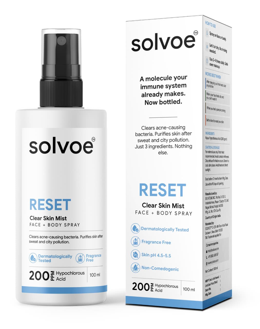 solvoe RESET, pure Hypochlorous Acid facial spray, 100 ml