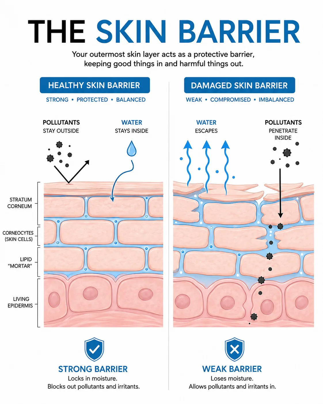 Healthy and damaged skin barrier showing water retention and transepidermal water loss