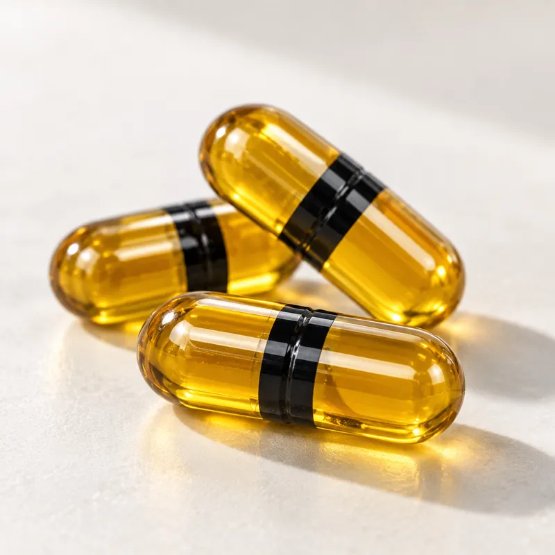 Three amber liquid-filled HPMC capsules of Solvoe Black Seed Oil, each with a black sealing band
